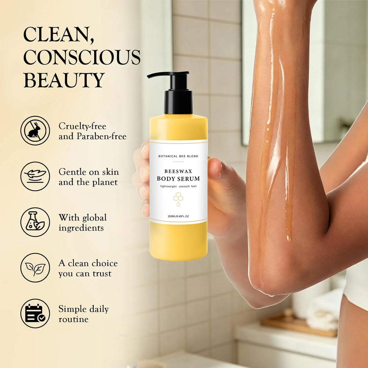 A bottle of botanical bee balm beeswax body serum is held by a person whose arm is shown with a glossy layer of the serum applied. The background is a softly blurred bathroom setting with tiled walls, and the left side features marketing text and icons.