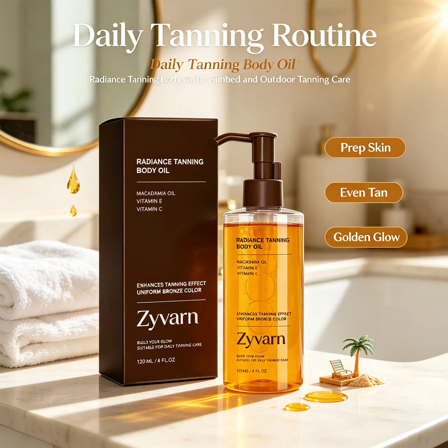 Zyvarn Radiance Tanning Body Oil shown in a clear pump bottle next to its dark brown box on a bathroom counter, with promotional text and badges reading 'Daily Tanning Routine,' 'Prep Skin,' 'Even Tan,' and 'Golden Glow.'.