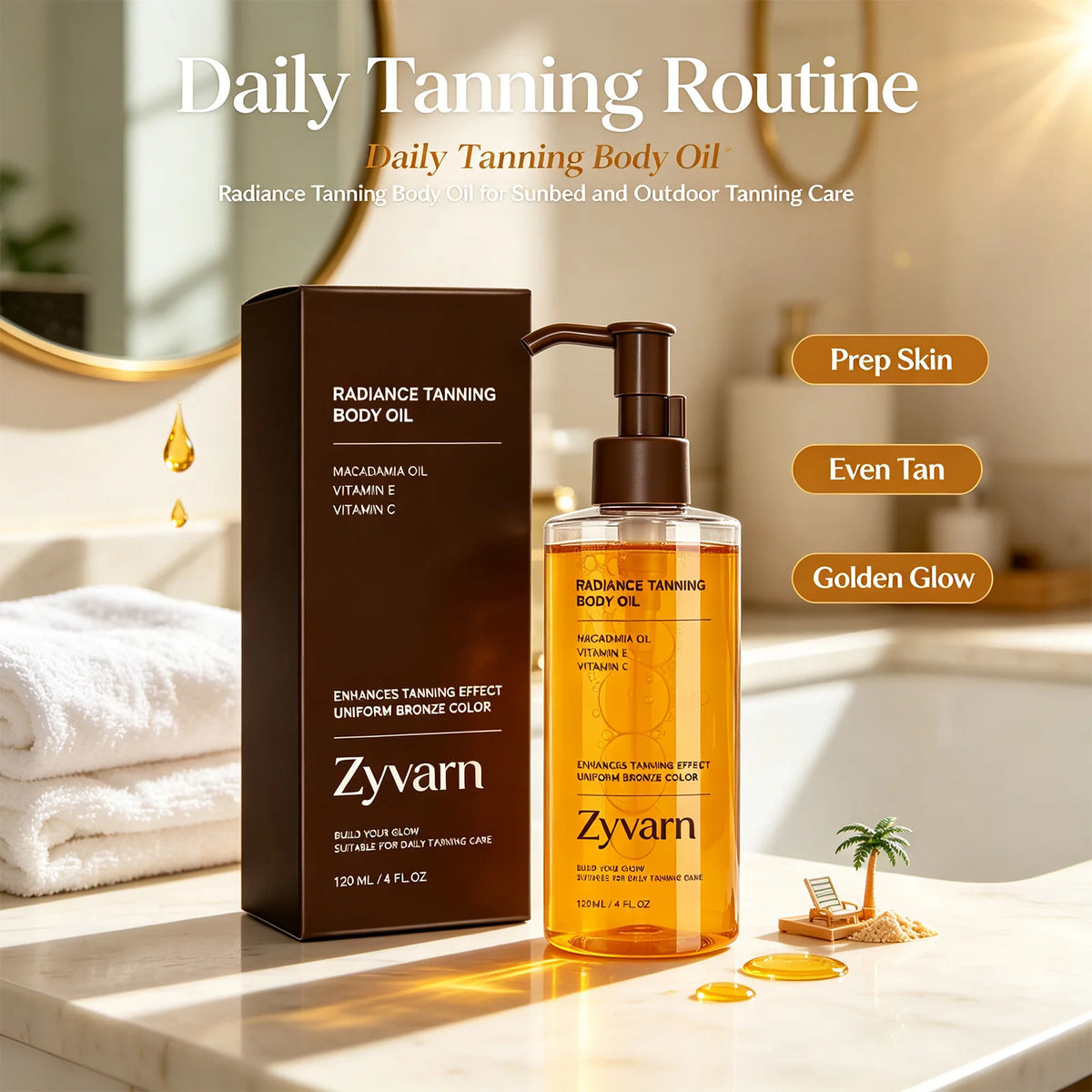 Zyvarn Radiance Tanning Body Oil shown in a clear pump bottle next to its dark brown box on a bathroom counter, with promotional text and badges reading 'Daily Tanning Routine,' 'Prep Skin,' 'Even Tan,' and 'Golden Glow.'.