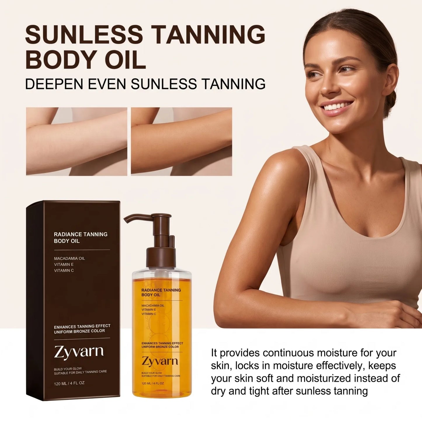 Zyvarn Radiance Tanning Body Oil advertisement showing a woman in a beige tank top alongside the product box and pump bottle, with text highlighting deepening even sunless tanning.