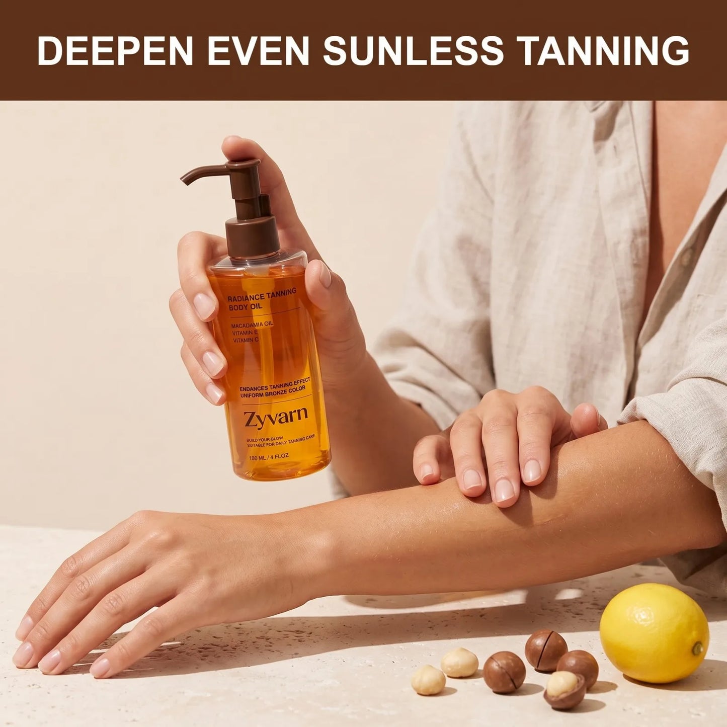 A person applies a golden-tan liquid from a pump bottle onto their forearm. The top of the image has a brown banner with the text 'DEEPEN EVEN SUNLESS TANNING' and the bottle label shows the brand Zynarn.