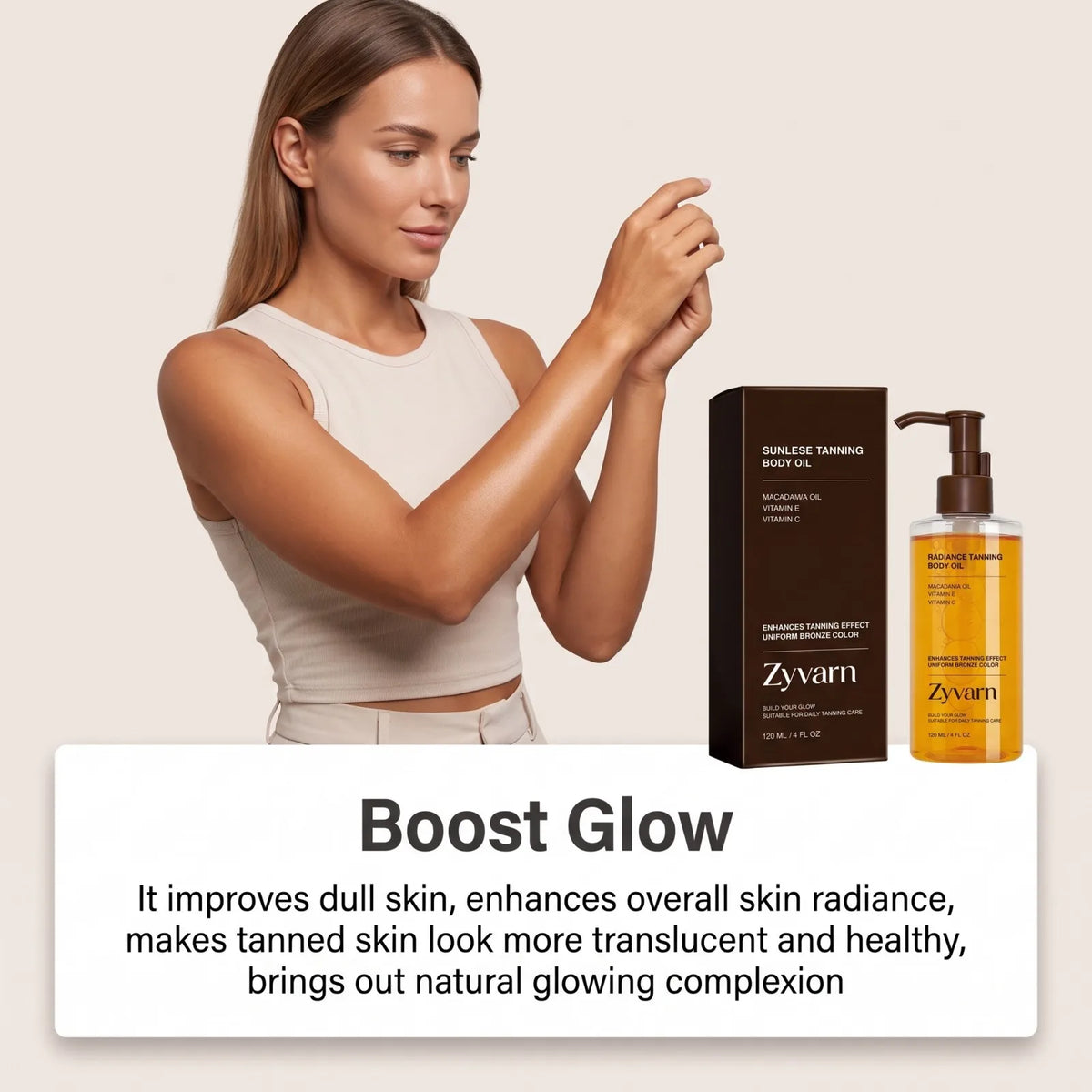A woman in a beige sleeveless top holds her hand near a bottle of Zyvam Sunlitze Training Body Oil next to its dark brown box, with a text banner at the bottom reading 'Boost Glow'.