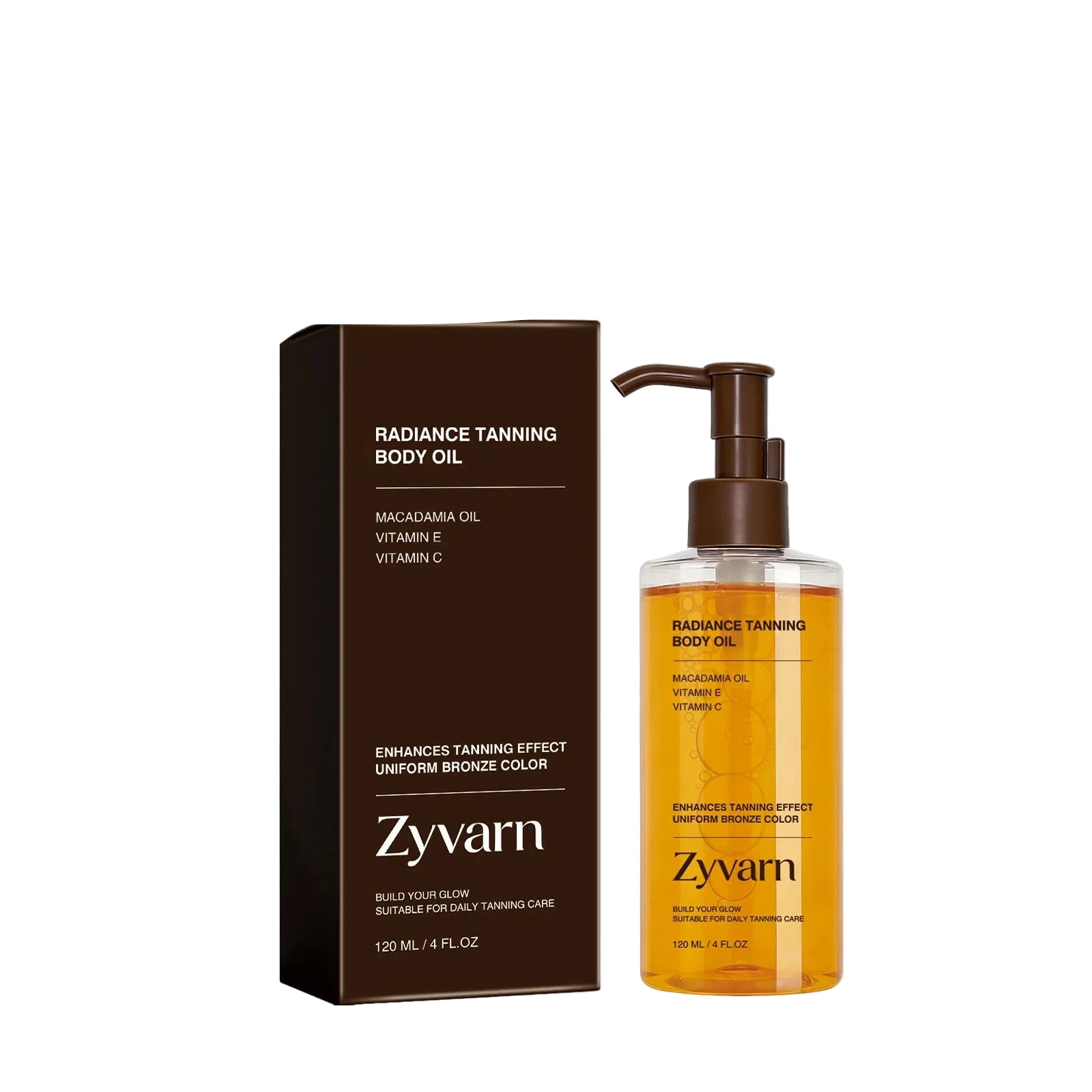 Zyvnar Radiance Tanning Body Oil in a clear pump bottle next to its dark brown box, with '1 PCS/Set' text above on a white background.