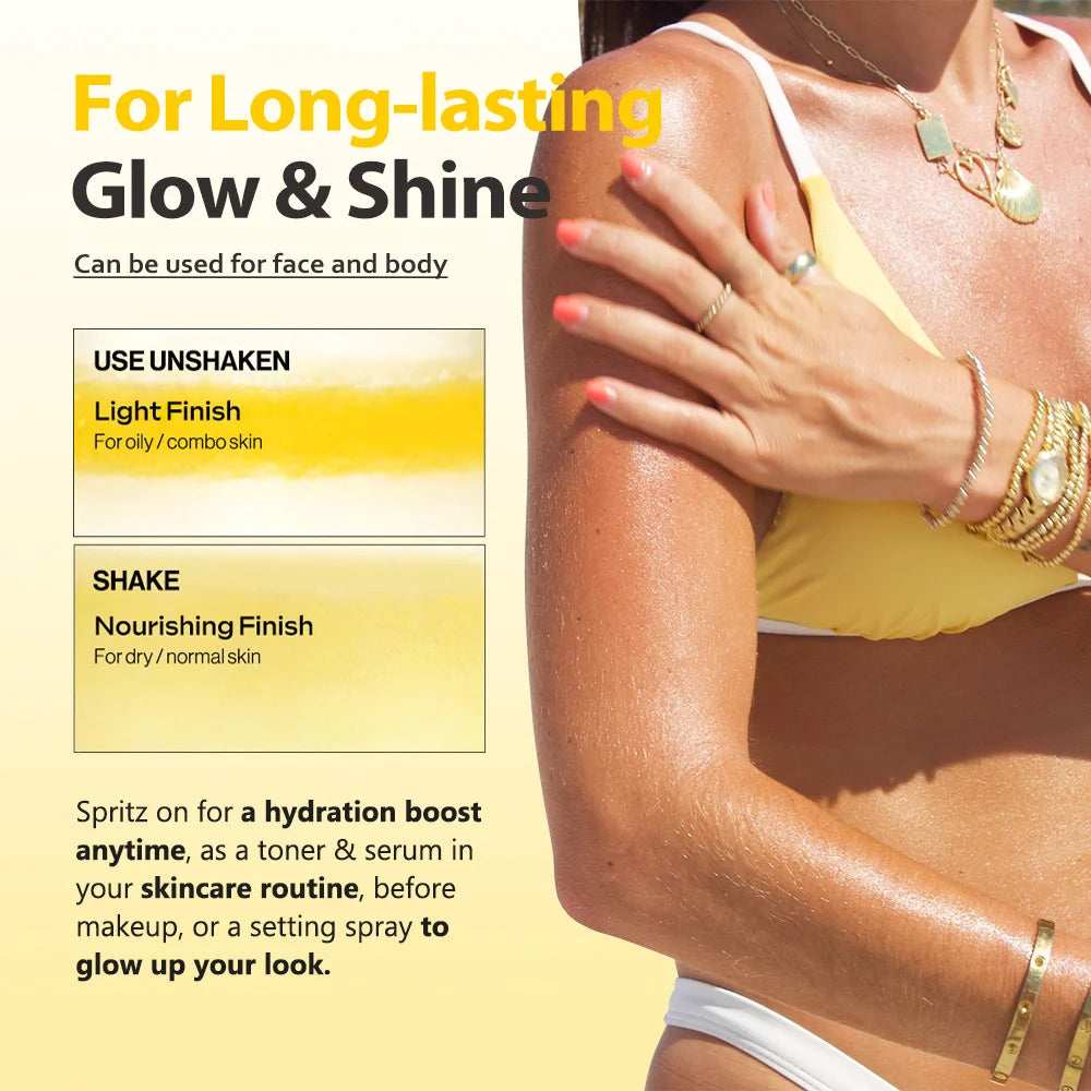 Product advertisement for a spray with text on long-lasting glow and shine, shown on a person's arm.