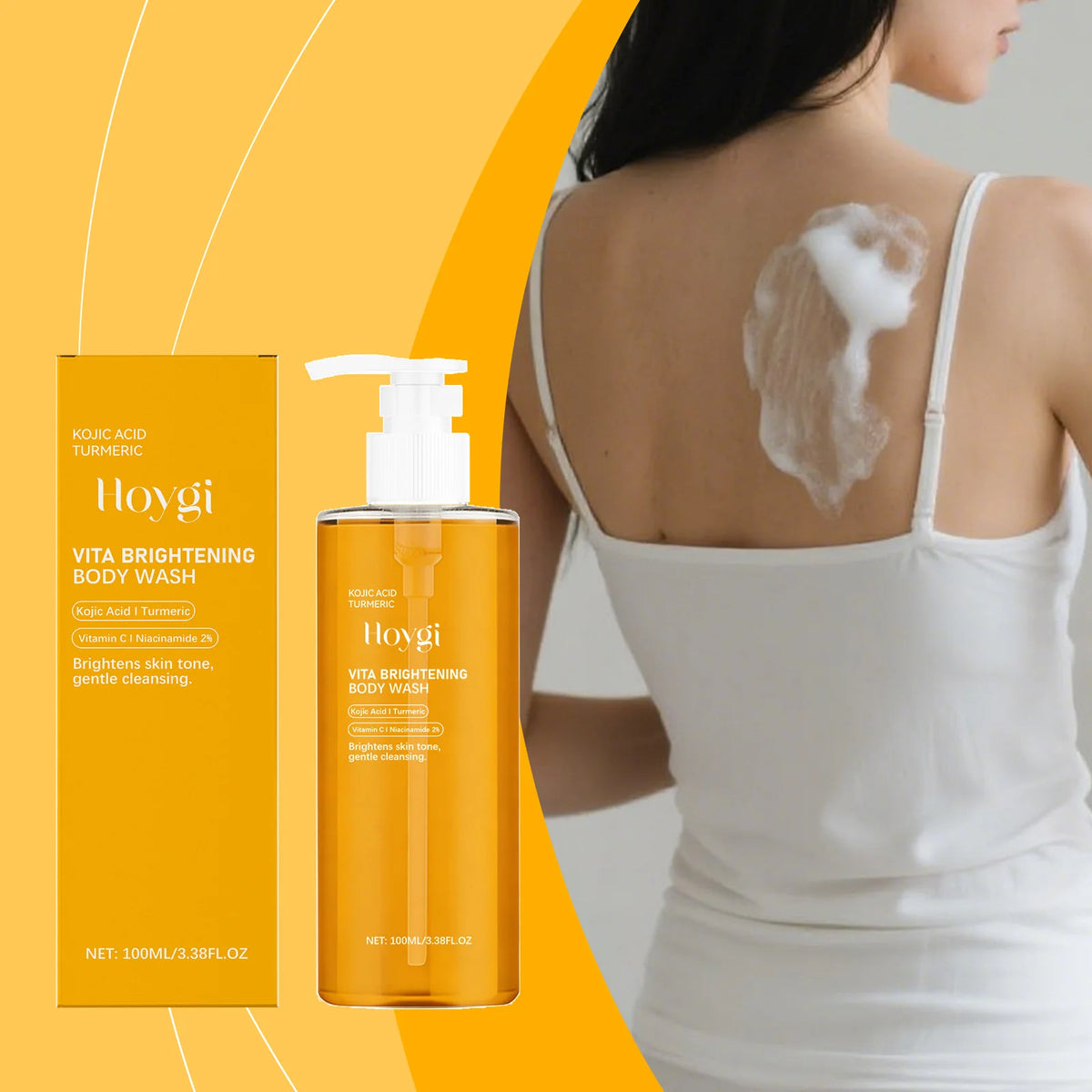 A bottle and box of Hoygi Vita Brightening Body Wash are shown beside a woman with her back turned, who has white foam applied to her upper back. The background is a bright yellow-orange graphic.