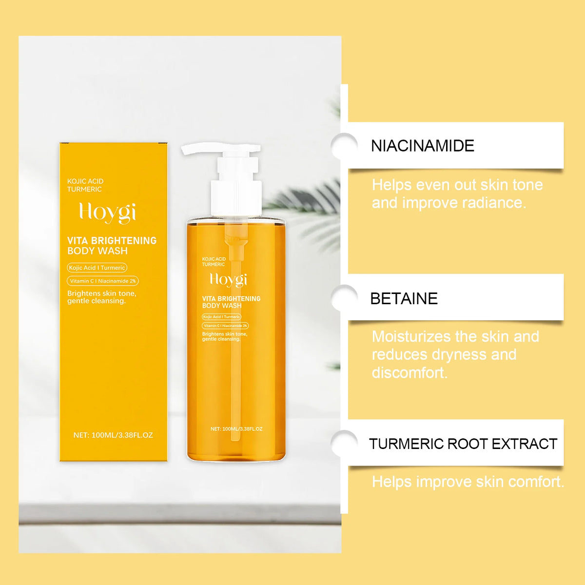 Hvoygi Vita Brightening Body Wash with ingredients listed on a yellow background