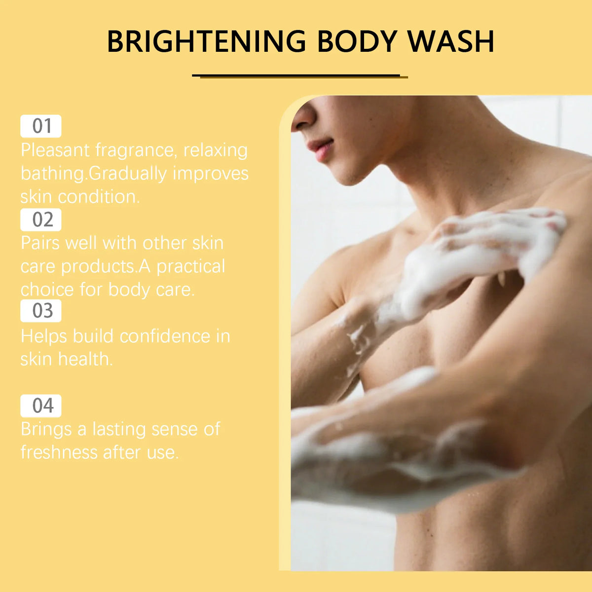 Person applying brightening body wash with text on a yellow background