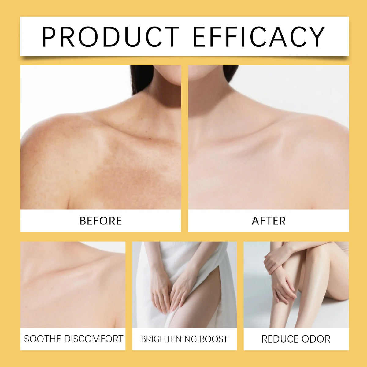 Product efficacy comparison before and after use on skin and body.