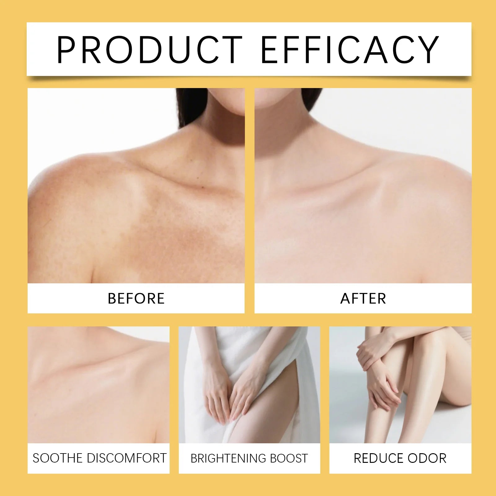 Product efficacy comparison before and after use on skin and body.