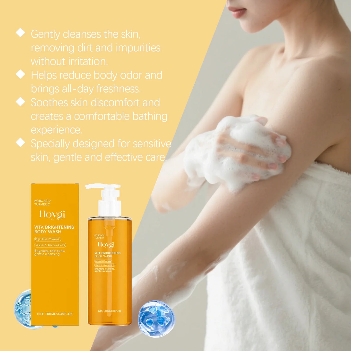 Person applying soap to their arm with Hoya skincare products displayed.