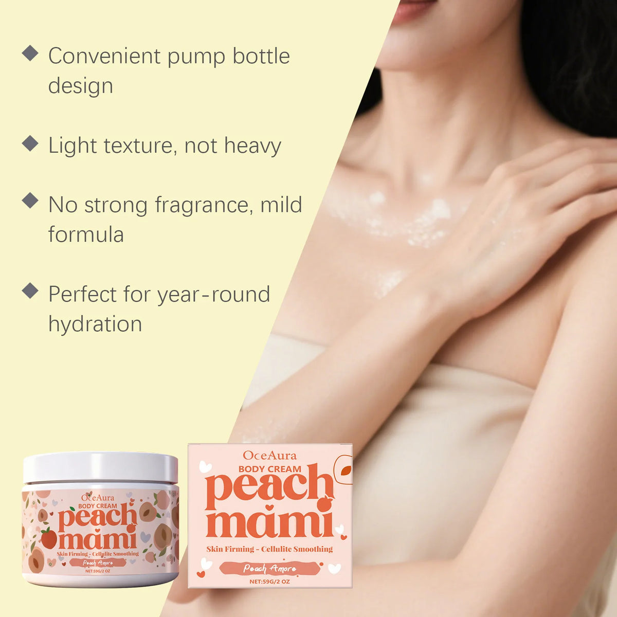 Body cream with packaging and text highlighting features on a light background