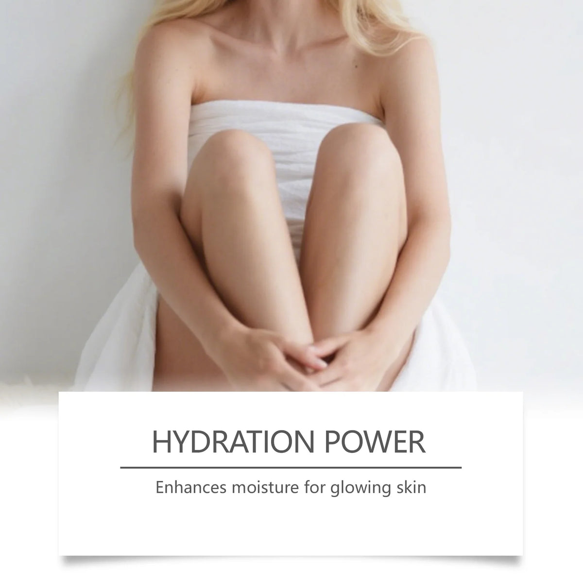 Person wearing a strapless white garment with text about a 'Gentle Formula' on a light background