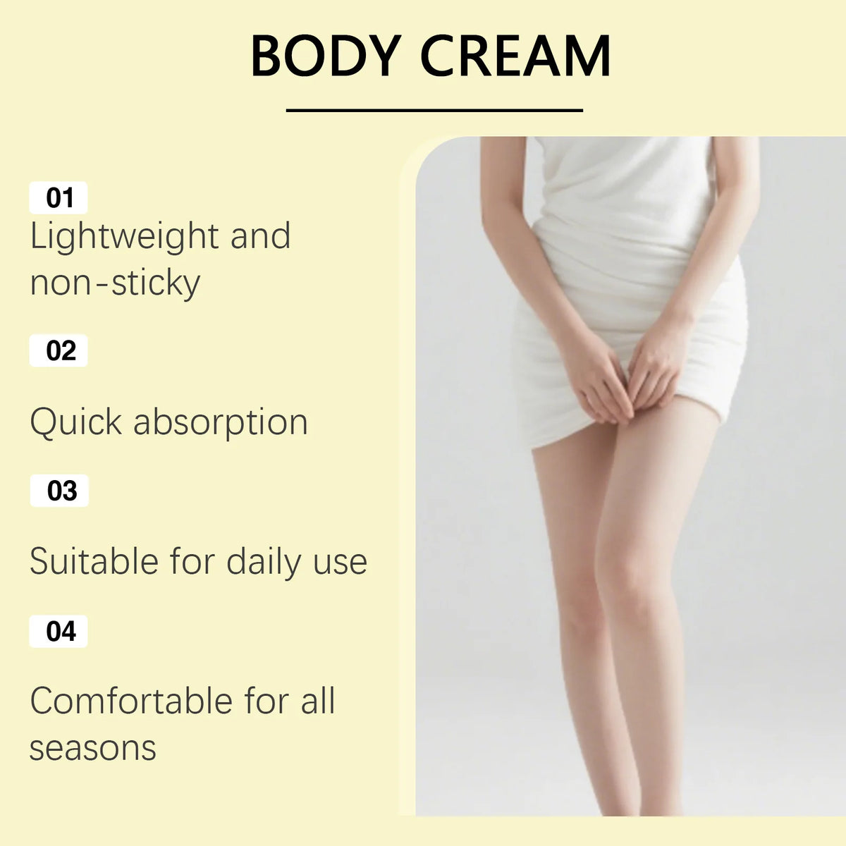 Body cream advertisement with text on a light yellow background