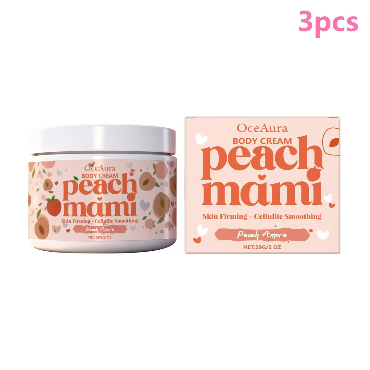A jar of OceAura Peach Mami body cream next to its retail box, with a pink '3pcs' text overlay in the top right corner. The packaging features a soft peach and pink color scheme with illustrations of peaches and hearts.