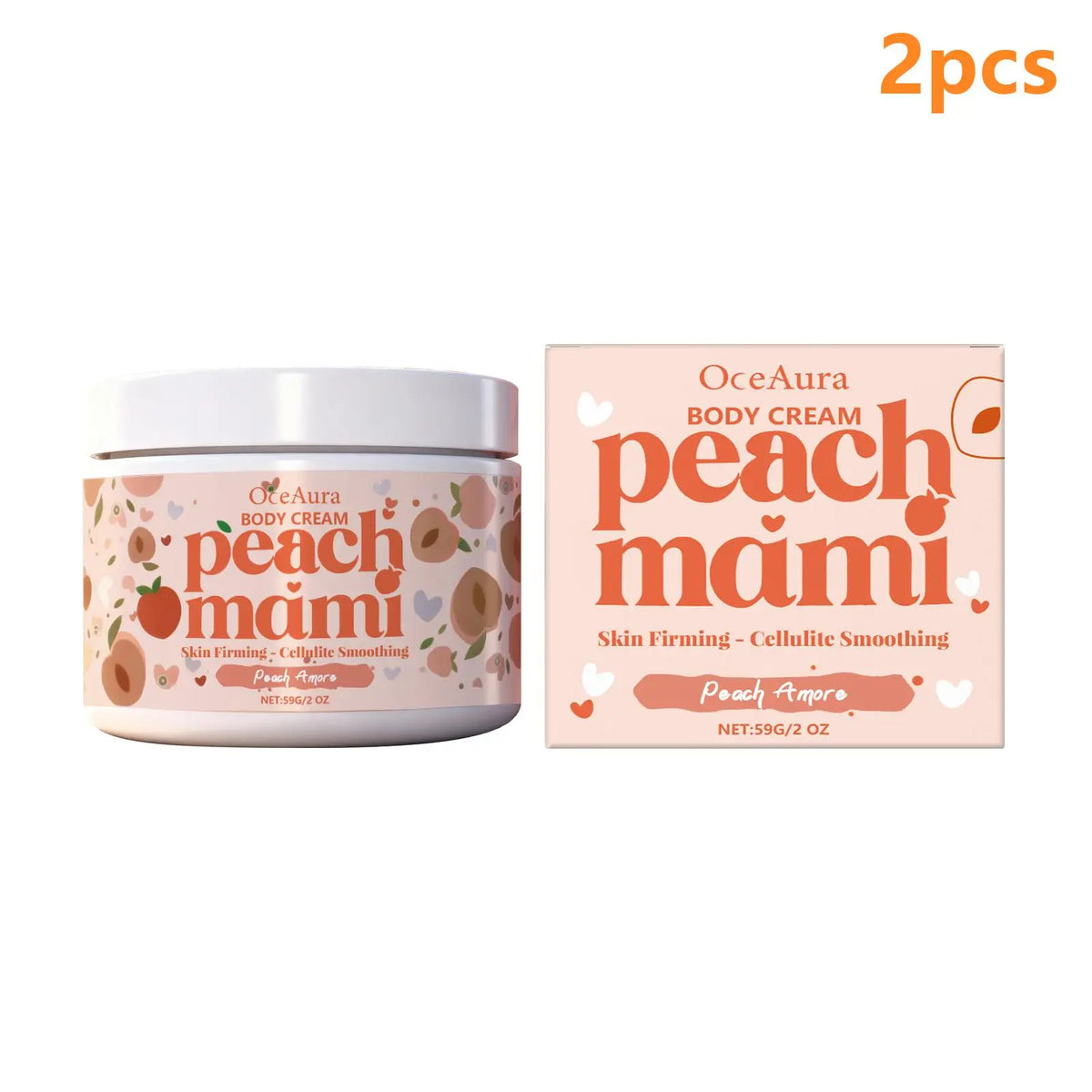 A jar of OceAura Peach Mami body cream next to its retail box on a white background, with a '2pcs' text overlay in the top right corner.
