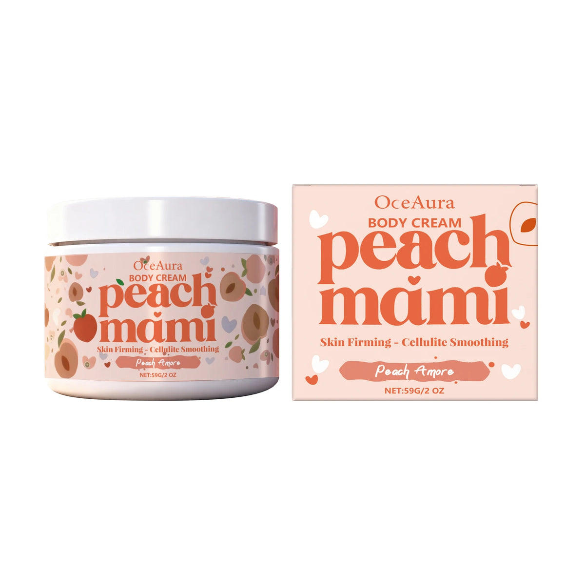 OceAura Peach Mami body cream jar and packaging on a white background