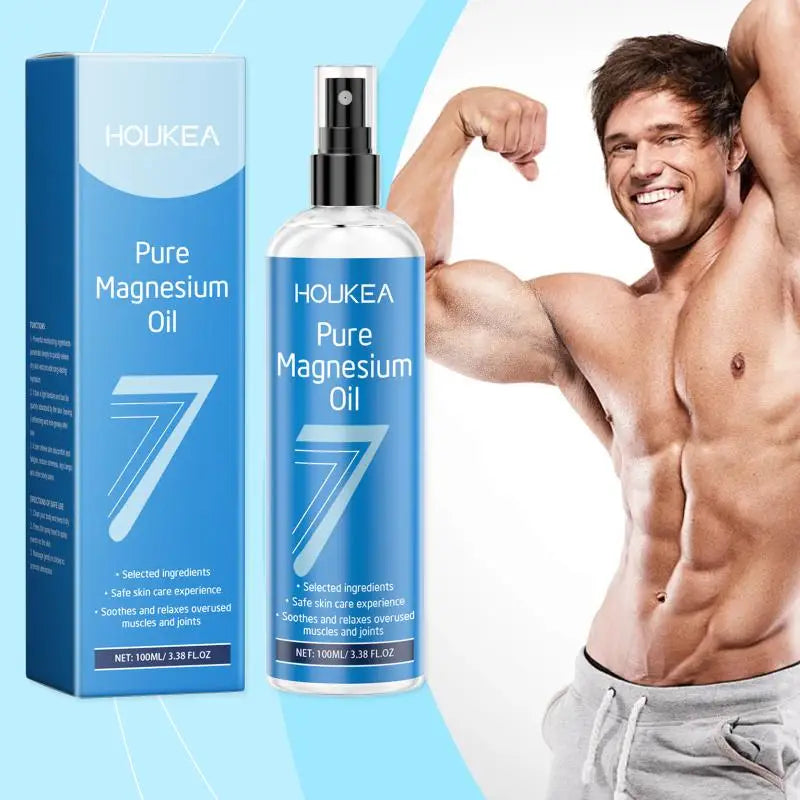 Houkeaa Pure Magnesium Oil bottle and packaging with a man flexing muscles on a light blue background