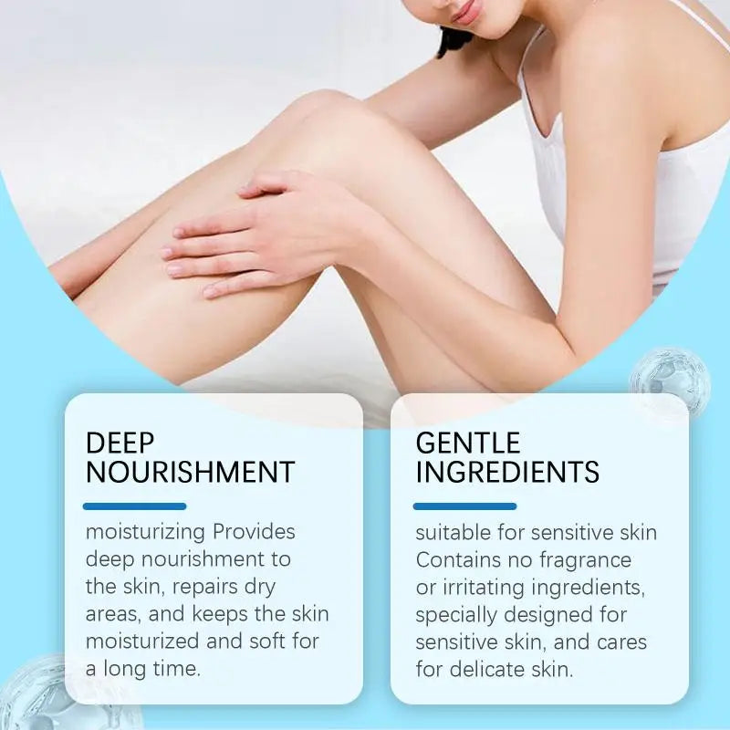 Woman's legs with a product, text about deep nourishment and gentle ingredients on a blue background