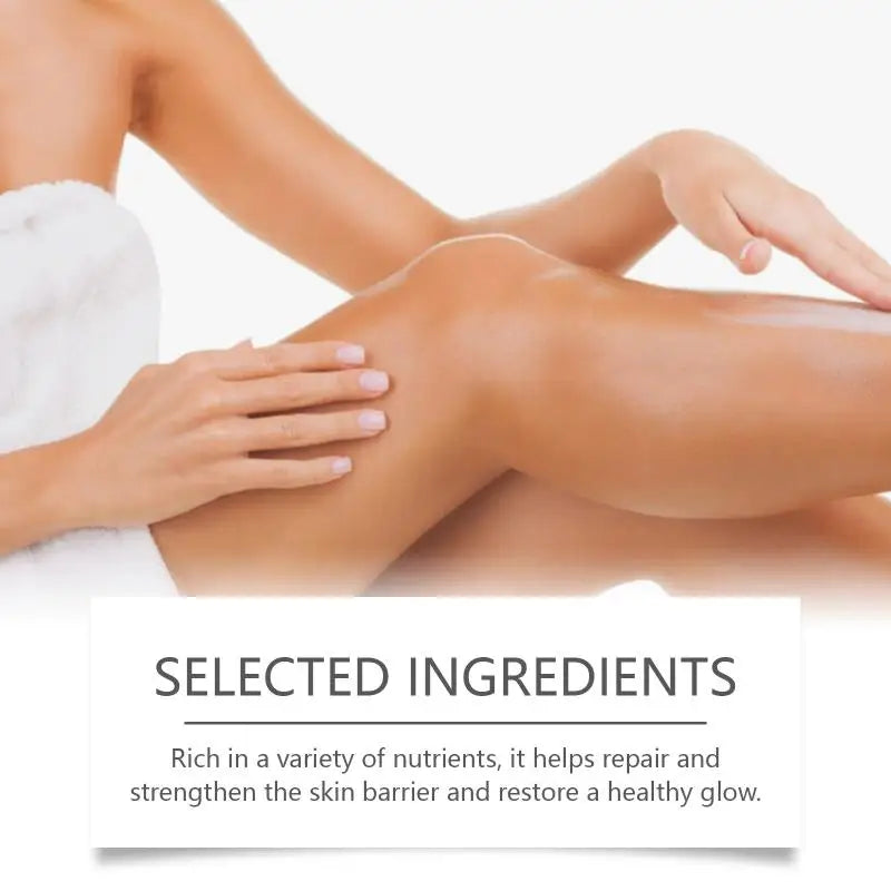 Close-up of smooth skin with a focus on selected ingredients text