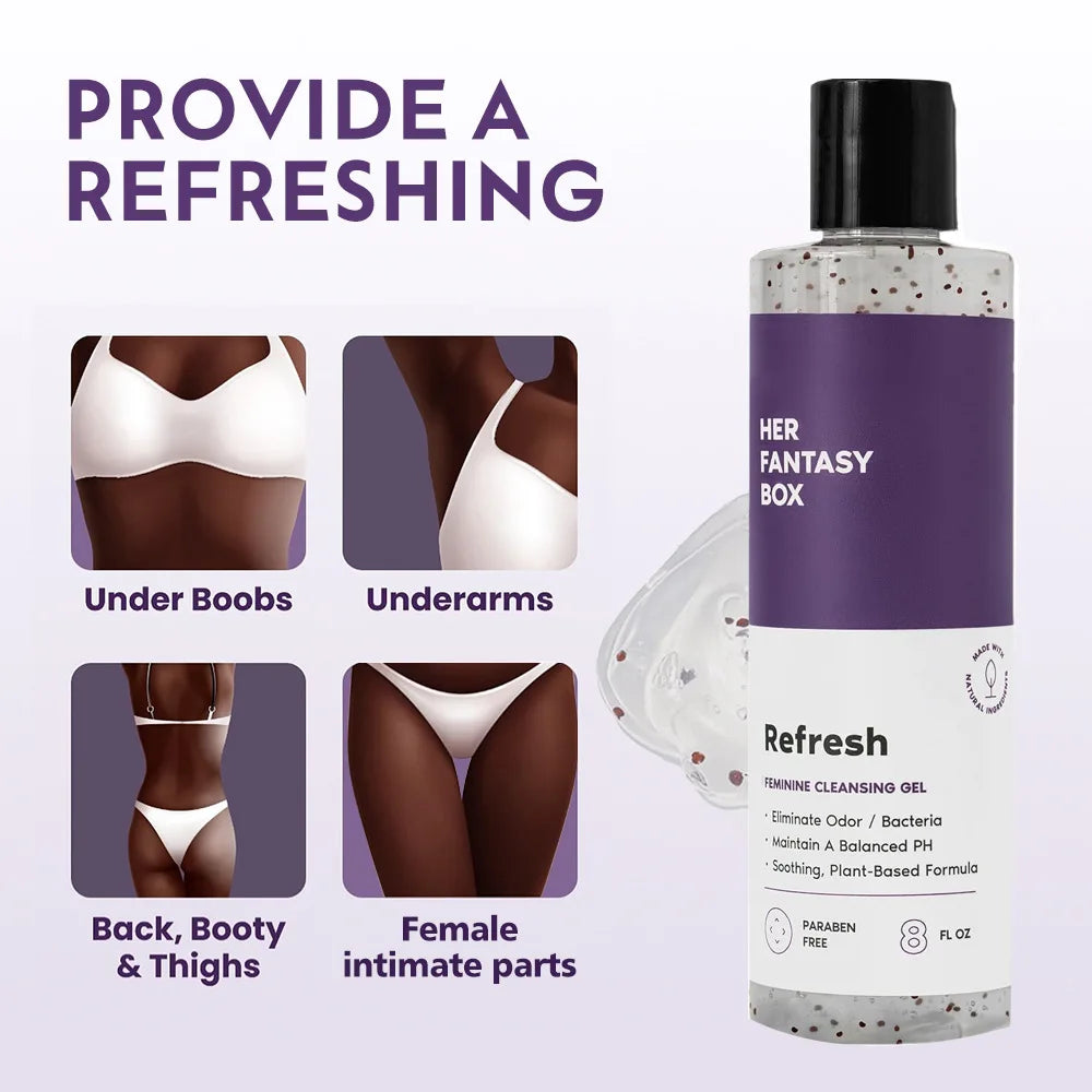 Product packaging for 'Her Fantasy Box Refresh' with usage instructions on a light purple background.