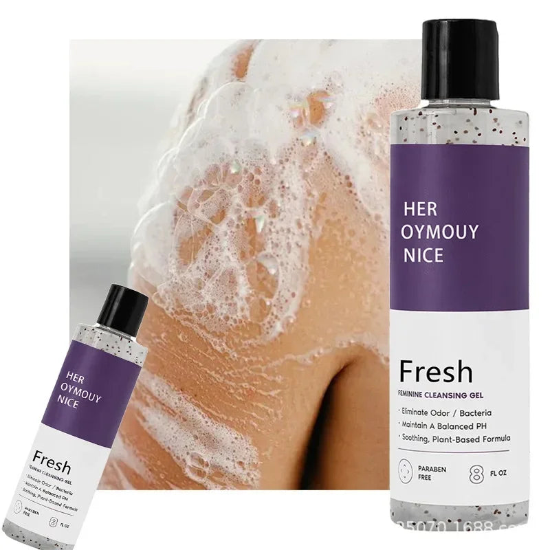 Two bottles of 'HER OYMOU NICE' Fresh Feminine Cleansing Gel with a background of skin and foam.