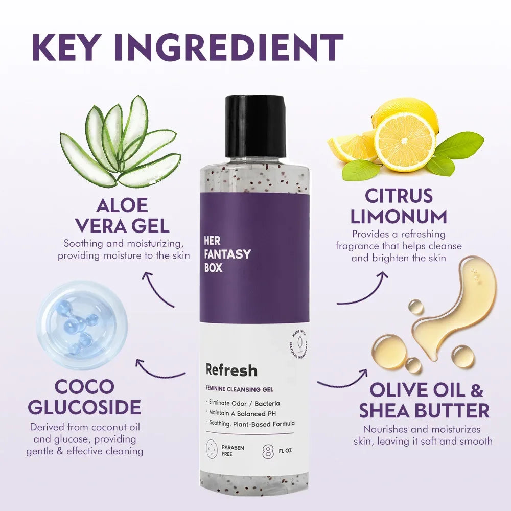 Bottle of 'Her Fantasy' Refresh cleansing gel with labeled key ingredients on a light purple background.
