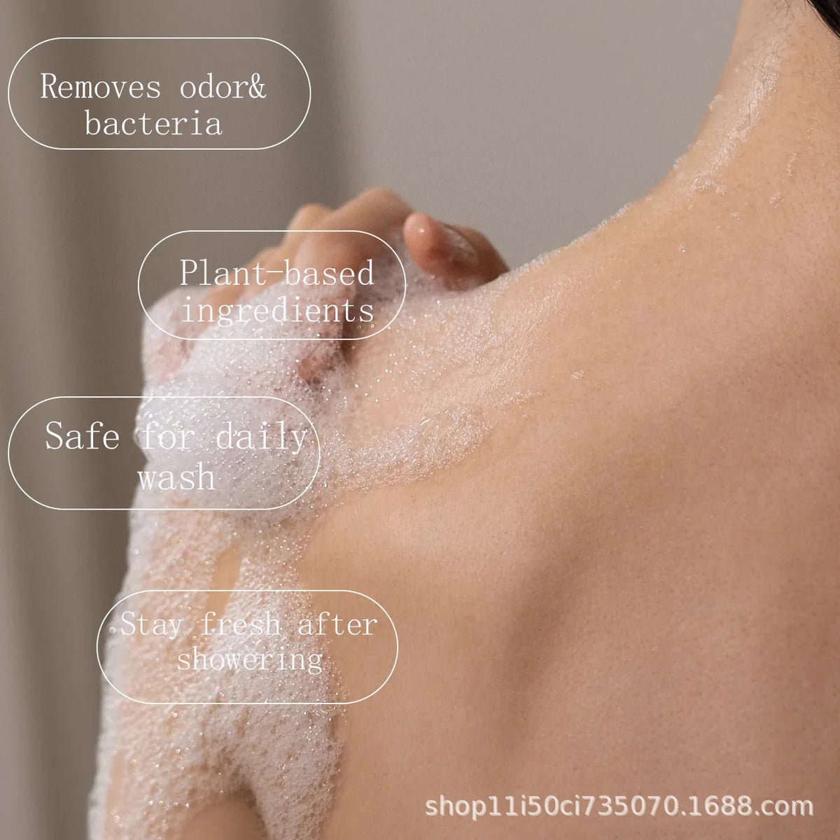 Person with soap suds on shoulder, text highlighting product benefits