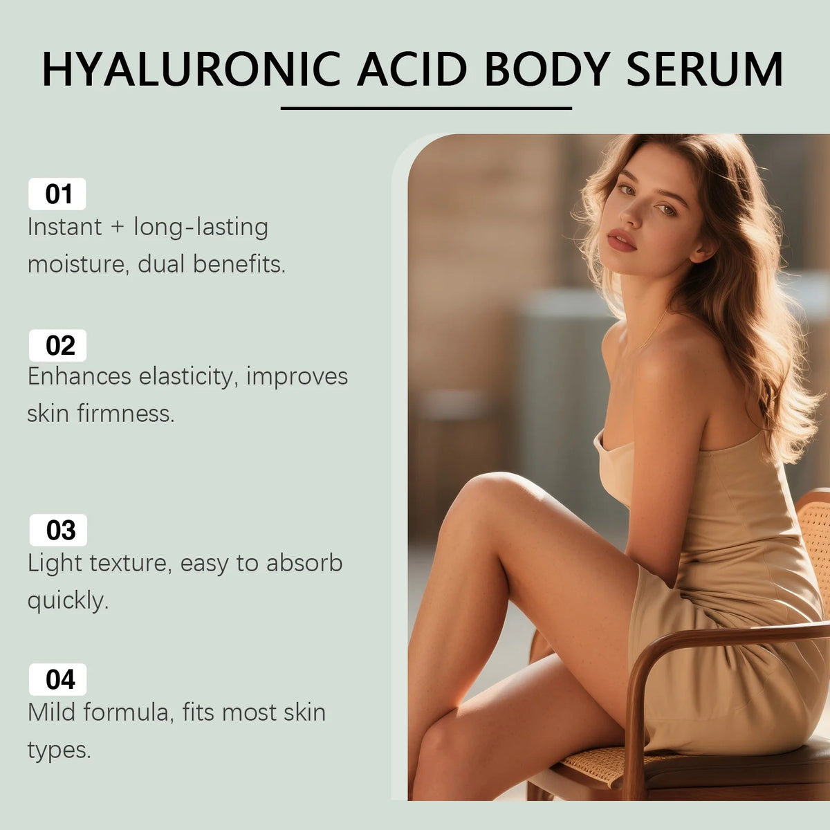 Advertisement for hyaluronic acid body serum with a woman sitting on a chair.